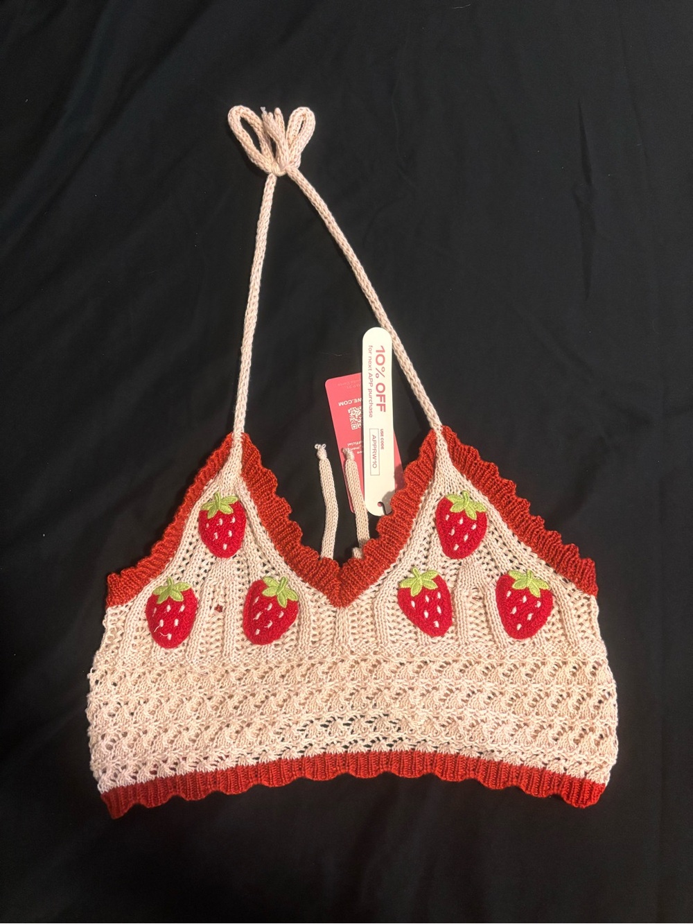 NWT Crochet Strawberry Halter Bralette - Pink & Red